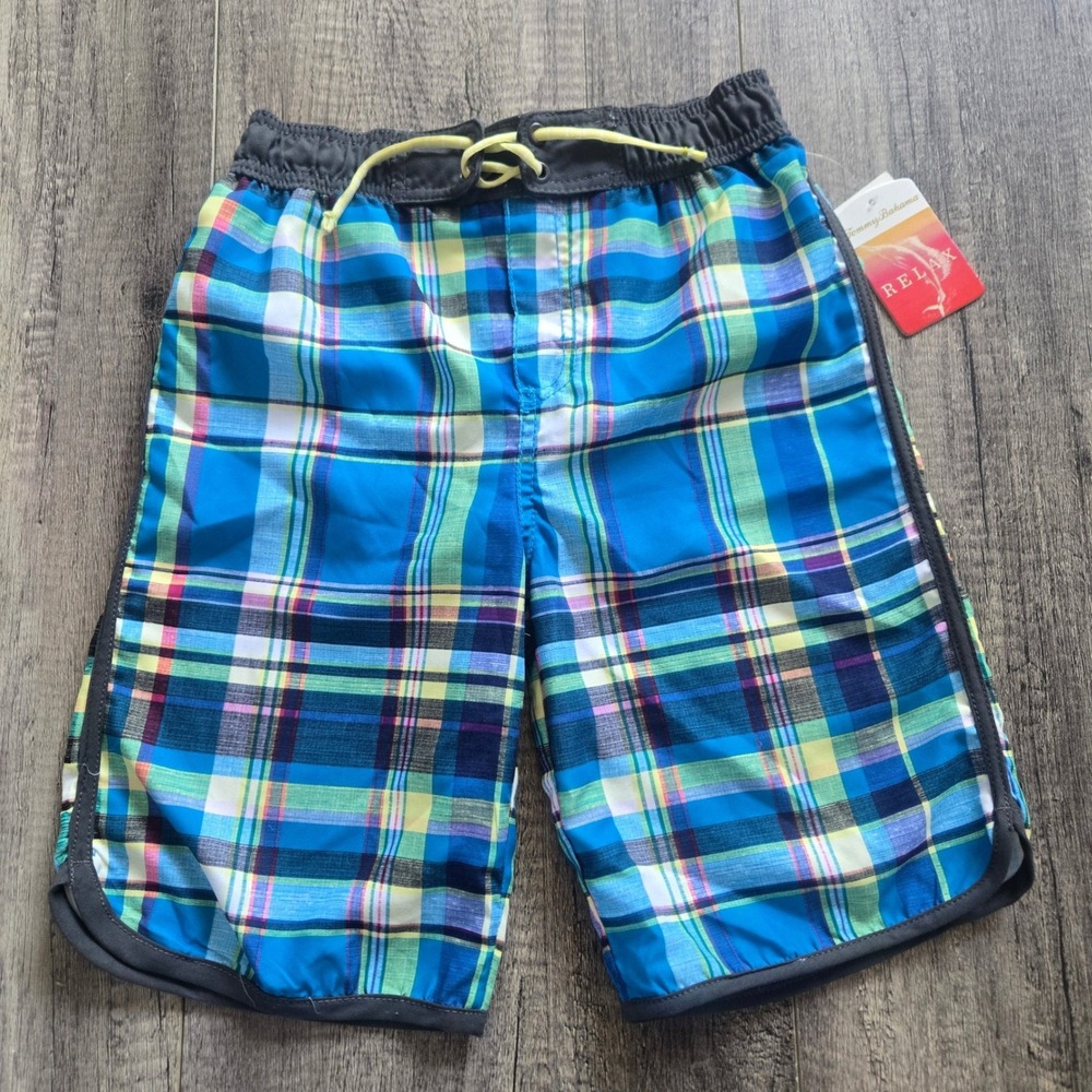 Tommy Bahama Boys Blue‎ Green Plaid Swim Trunks Board Shorts Size Medium NWT